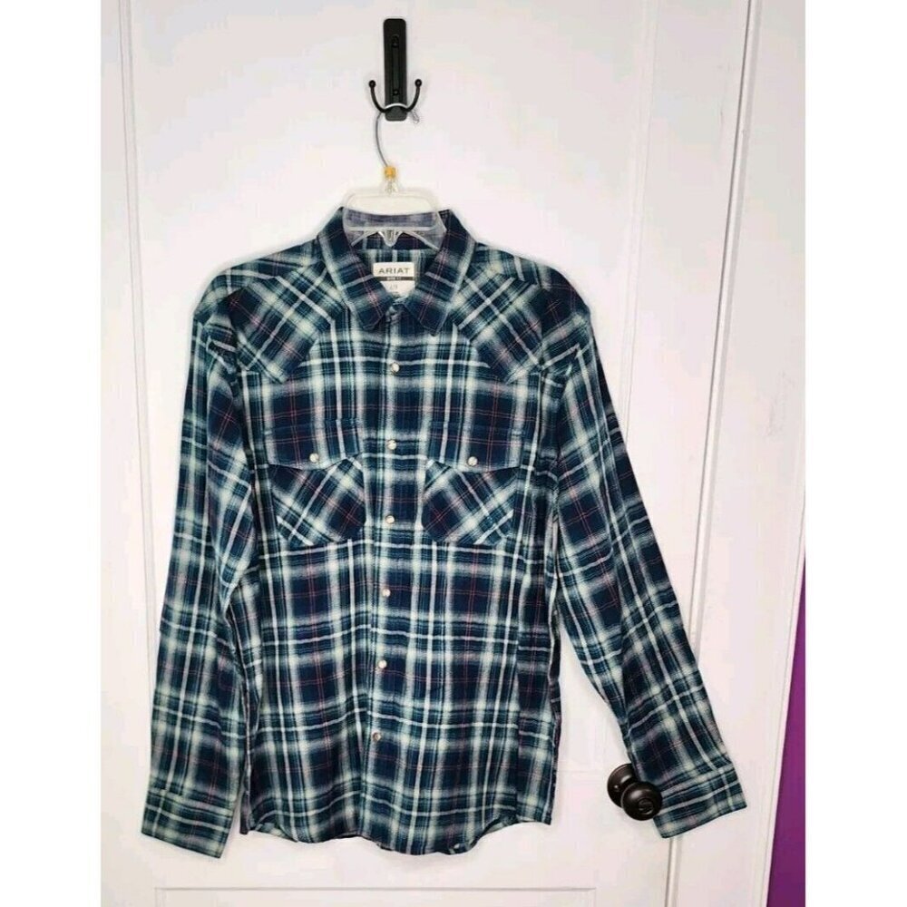 Ariat Mens Retro Fit Blue Red Plaid Flannel Long Sleeve Pearl Snap Shirt Large